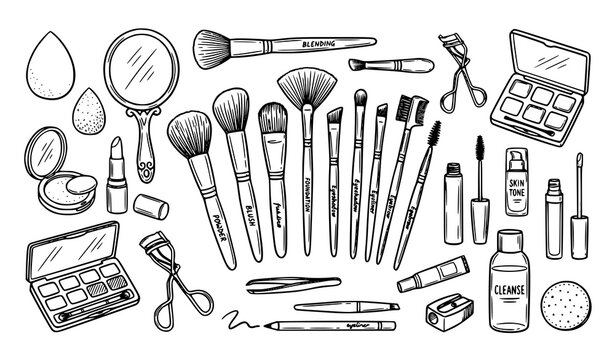 Beauty cosmetics and makeup tools line art, professional salon equipment illustration.