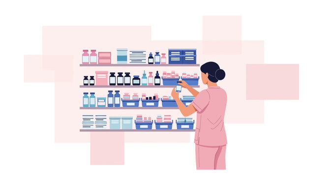 Pharmacist Organizing Medicine Inventory on Shelves in Pharmacy