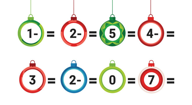 Mathematical game or educational worksheet featuring numbered Christmas ornaments for children to solve simple equations.