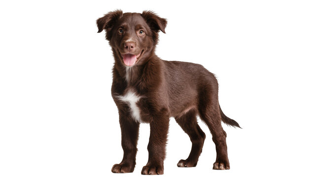 Brown playful puppy with white chest and paws standing attentively