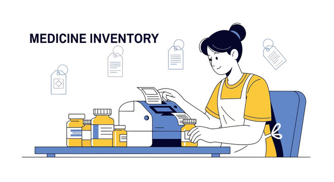 Pharmacist Managing Medicine Inventory with Printer and Bottles