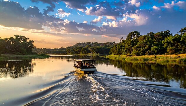 Boat trip on the Amazon River at sunset, surrounded by lush rainforest.