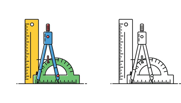  Educational geometry tools collection featuring ruler protractor and compass in colored and outline versions vector flat illustration for math engineering and architectural design projects.