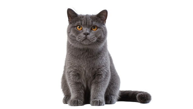 Gray British Shorthair Cat Sitting with Amber Eyes and Fluffy Fur