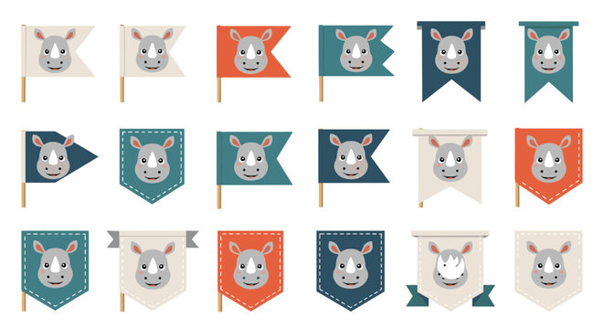 Large collection of eighteen colorful pennant flags each featuring a cute gray rhinoceros head illustration for nursery decoration.