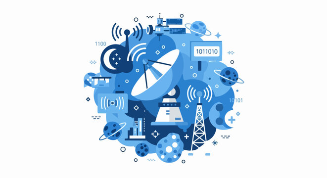 Space Satellite Communication and Telecommunications Network Vector Illustration Concept in Blue