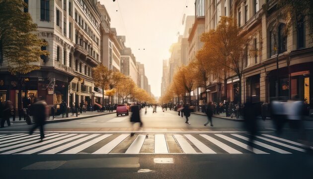 Blurred motion of pedestrians crossing a city street at sunset.