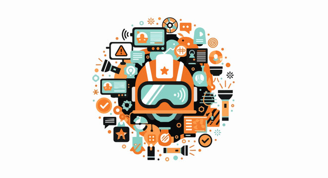 Modern Flat Vector Concept of Emergency Services, Security Technology, and Advanced Surveillance Systems in a Circular Icon Composition