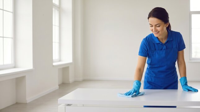 Female commercial cleaner in blue uniform wiping a white desk surface in a bright empty office for hygiene service