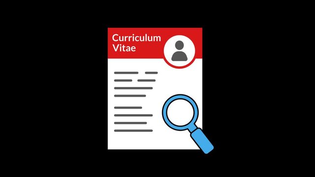 Seamless loop animation of a curriculum vitae or resume with a magnifying glass moving up and down, representing job search and recruitment on a transparent alpha channel background