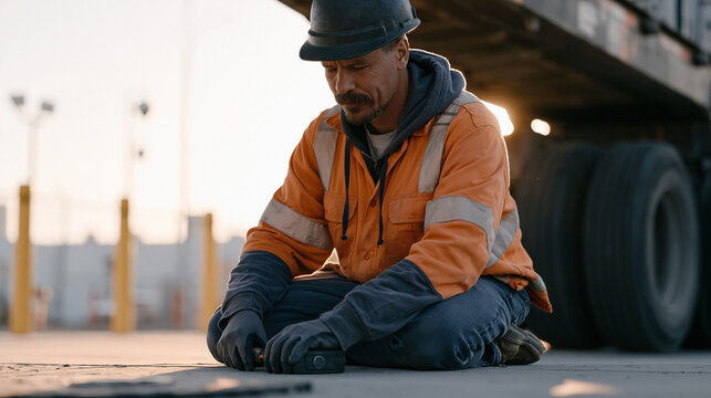 Cargo security supervisor installs GPS tracking device beneath chassis of high-value pharmaceutical shipment trailer in secure freight yard, kneeling on concrete with specialized tool as security bo