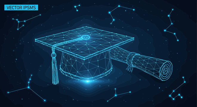 Graduation cap and diploma scroll rendered in a digital wireframe style symbolize academic achievement and the future of online education.