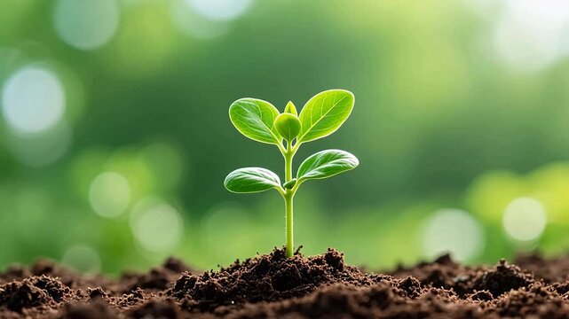 Young green sprout emerging from soil