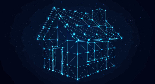House shape constructed from a glowing blue network of points and lines symbolizes the concept of smart home technology and digital residential planning.
