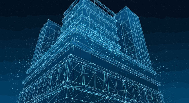 Building silhouette rendered in a complex digital mesh displays the intricate geometric framework of a modern office tower for architectural visualization purposes.
