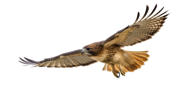 Brown hawk in flight with extended wings and sharp gaze