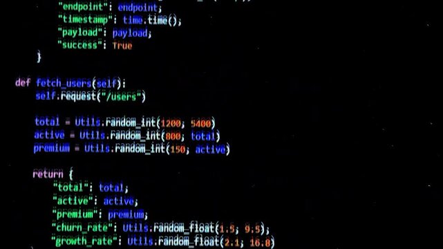 Colorful code streams on a dark screen. Programming text and API logic scroll across the display. Software development and debugging concept for technology content..