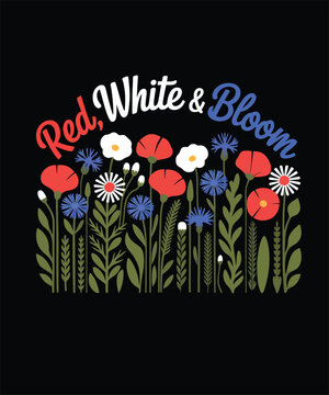 A charming patriotic floral illustration featuring a vibrant array of red, white, and blue flowers with green leaves, celebrating with "Red, White & Bloom" text.