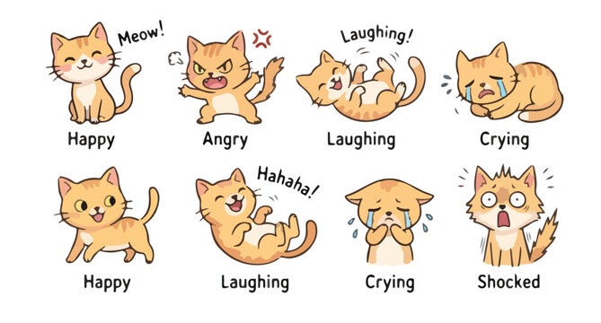 Cute cat character expression set with happy, angry, laughing, crying, and shocked emotions in cartoon style.