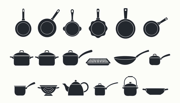 A set of black silhouette icons arranged in rows showing common cookware and utensils frying pans and skillets, pots with lids, a grill pan and wok, plus a colander, teapot, kettle.