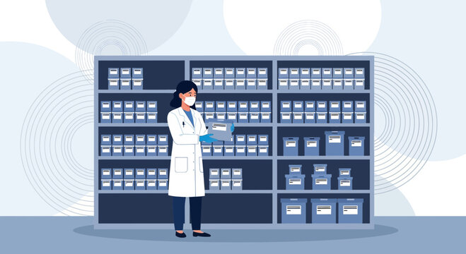 Pharmacist in Mask Checks Medicine Inventory in Pharmacy Storage