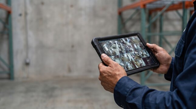 Security guard in uniform holding tablet with surveillance camera feeds in large warehouse facility hallway