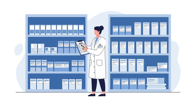 Pharmacist Checking Medicine Inventory on Shelves in Pharmacy