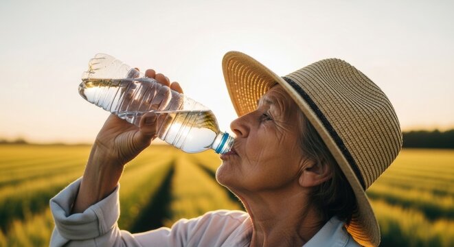 This photo captures an elderly female farmer drinking water from a plastic bottle on a sweltering summer day.