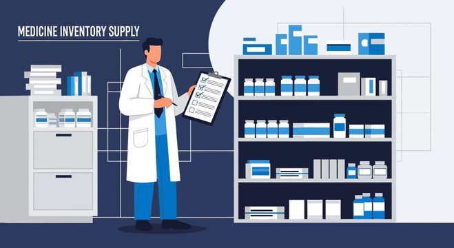 Pharmacist Checking Medicine Inventory Supply in Pharmacy Storage Room