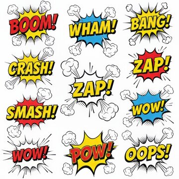 Comic Book Onomatopoeia Vector Set - Action Speech Bubbles with Boom, Zap, Wham, and Zop Text. Pop Art Style Explosions and Lightning Bolts for Graphic Design.
