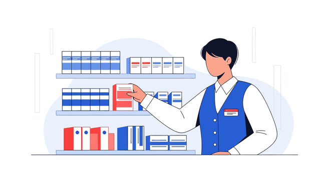 Pharmacist Arranging Medicine Boxes on Shelf, Healthcare Inventory Management Concept