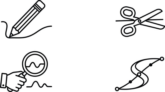 Line of pencil, scissors, magnifying glass, and bow line pencil bow and arrow editing