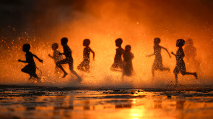 Fototapeta premium Silhouettes of a group of children running and splashing in water against a vibrant golden sunset