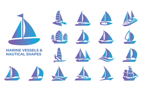 Marine vessels and nautical shapes sailboat boat ship yacht windsurf cargo ship junk boat icon vector.