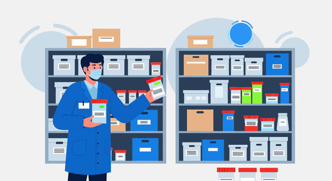 Pharmacist checking medicine inventory in a pharmacy storage room