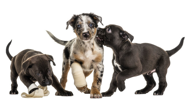 Four Adorable Australian Shepherd Puppies with Bandaged Leg and Chew Toy