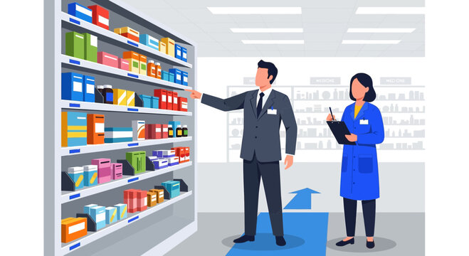 Pharmacist and Assistant Check Medicine Inventory on Shelves in Pharmacy