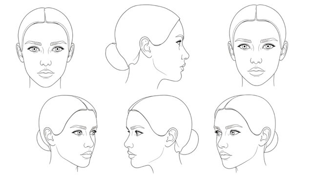 Detailed 2D CAD illustrations of a woman's face from multiple angles and expressions