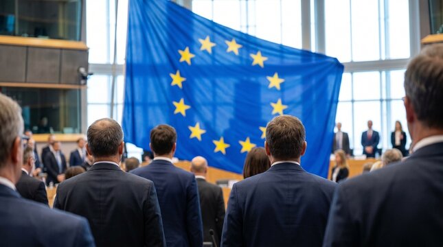 Politicians and delegates standing in front of a large European Union flag during a formal parliament assembly or political summit