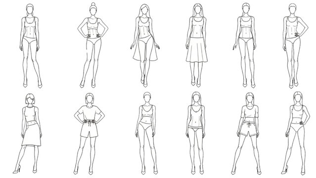 Various 2D CAD female figures in different poses and outfits are depicted