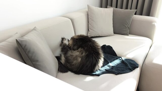 Maine coon cat washes itself lifting leg while lying on sofa. Domestic animal performs grooming routine showing flexibility and care. Pet lifestyle concept highlights natural hygiene
