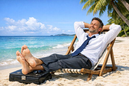 Man in business attire lies back on chair with legs crossed, feet propped up; briefcase nearby. Clear skies and calm seas, tropical setting with palm trees.