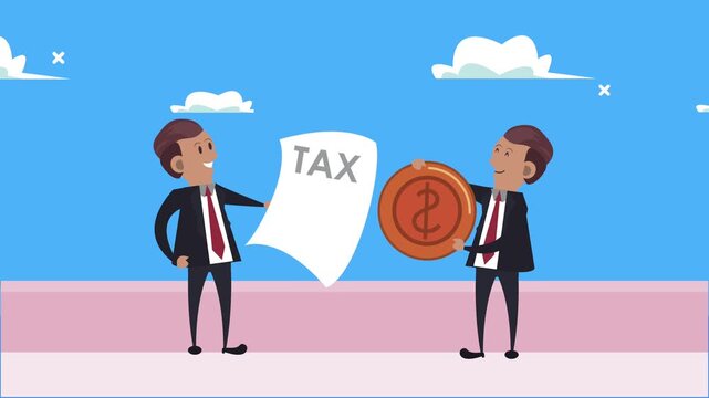 Two businessmen discussing tax document and holding coin symbolizing financial transaction.