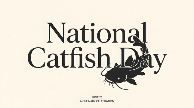 Minimalist National Catfish Day Typography Poster with Elegant Serif Text, Black Catfish Silhouette Weaving Through Letters on Cream Textured Paper in Luxury Editorial Design Style