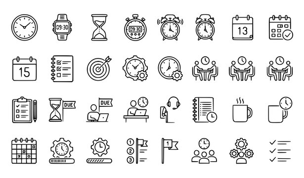 Business time management and calendar schedule outline icon set