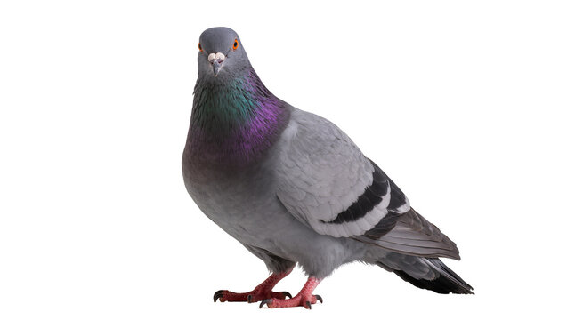 Gray pigeon with iridescent neck feathers standing on legs