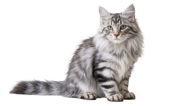 Silver tabby Siberian cat sitting looking forward
