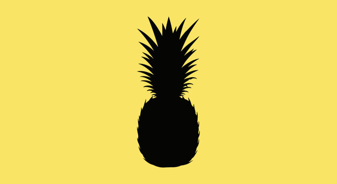 Black Pineapple Silhouette on Yellow Background, Tropical Fruit, Minimalist Design