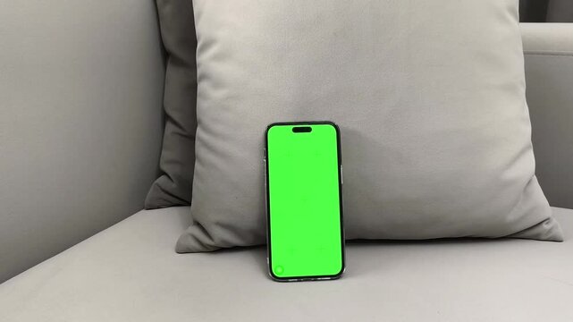 Hand places smartphone with green screen against pillow on sofa at home. Device with chroma display is positioned for viewing. Concept app promotion, mobile mockup, digital usage..