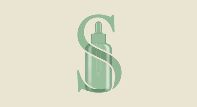 Elegant dropper bottle with letter S overlay, skincare concept